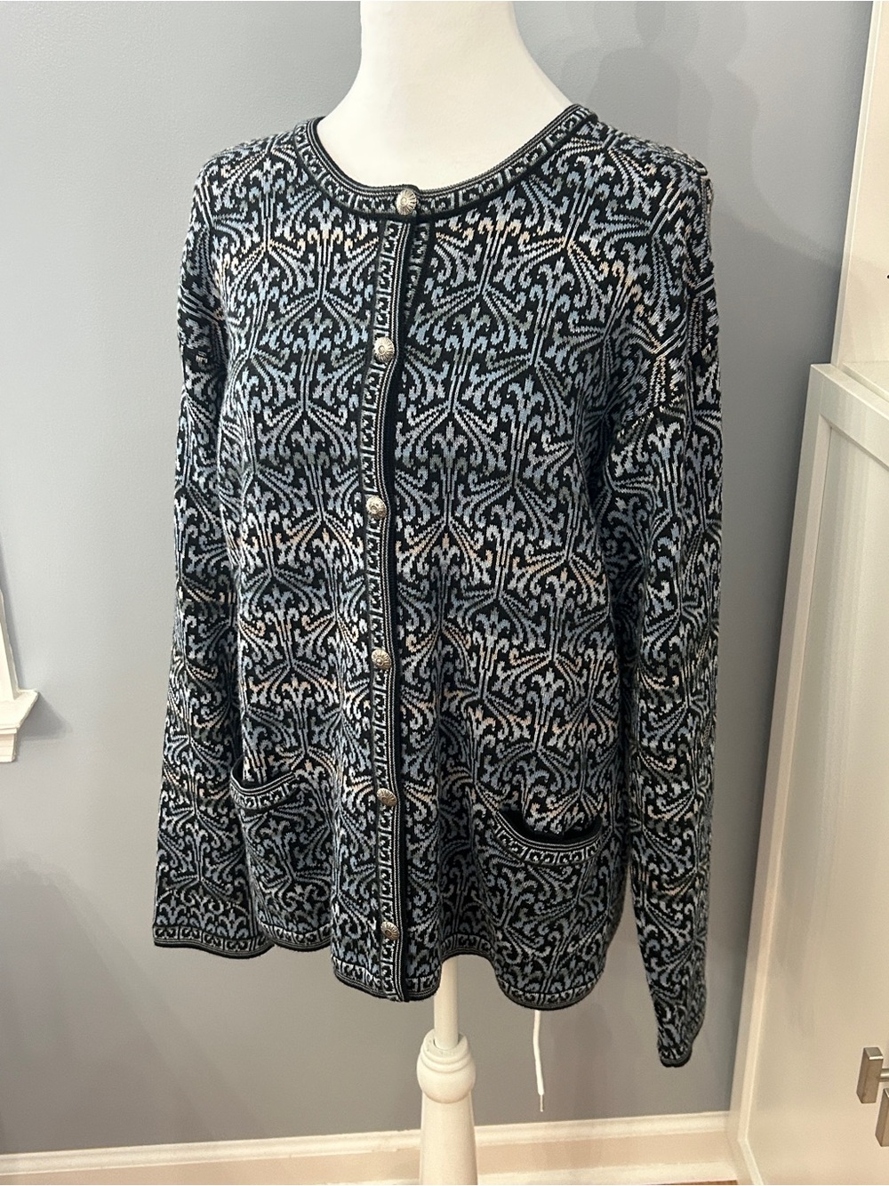 Intiwara Cardigan Sweater XL Black Blue Geometric 100% Pima Cotton Boho Bolivia